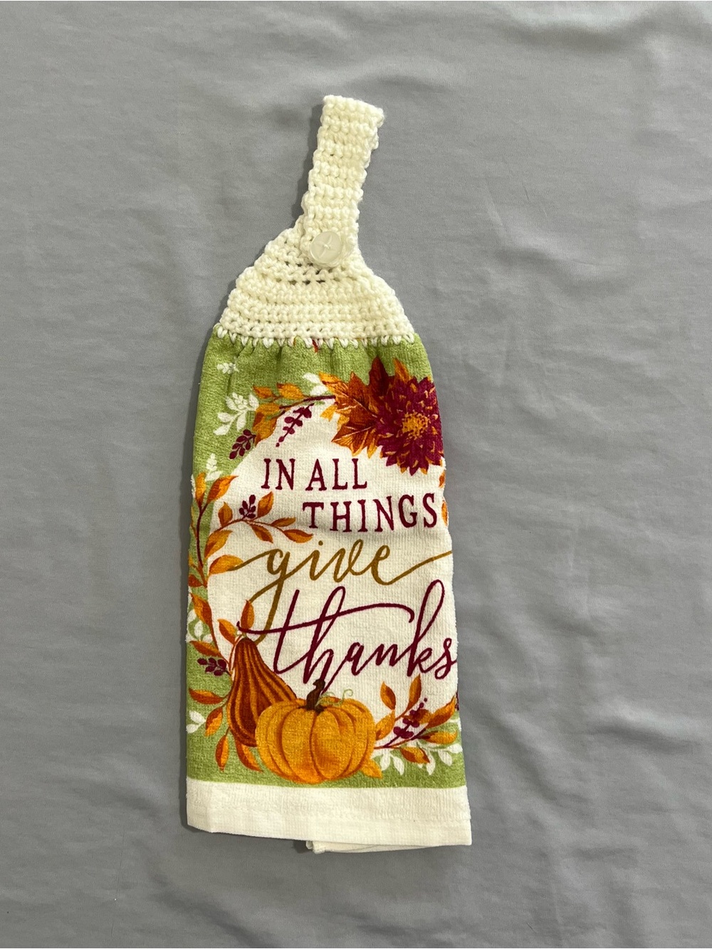 Handmade “In All Things Give Thanks” Fall Crocheted Hanging Kitchen Towel
